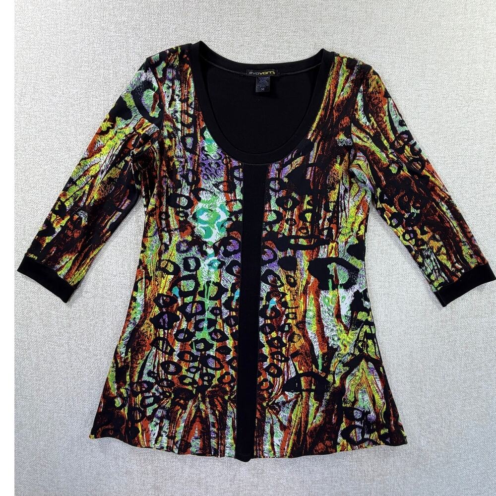 Evo Vorro Women Medium Orange Black Abstract Print 3/4 Sleeve Artsy Pullover Top